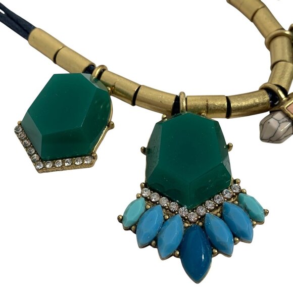 J.Crew Statement Bib Necklace Clear Rhinestone Green/Blue Lucite Crystal Choker - Picture 5 of 9